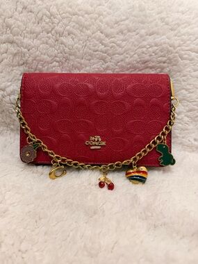 Coach Red Leather Crossbody Wallet & Card Case with Charm Strap